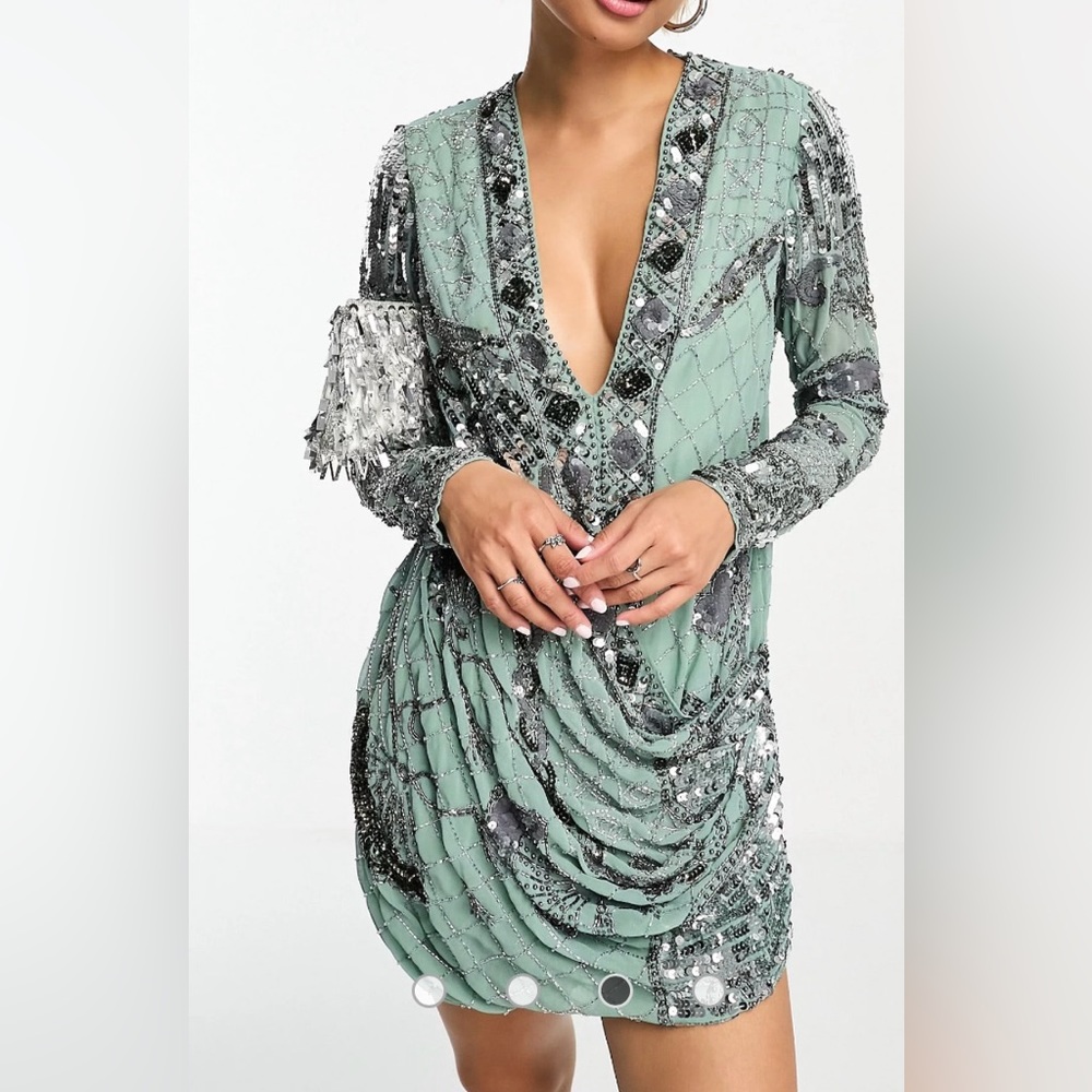 ASOS DESIGN drape embellished mini dress with floral artwork in teal